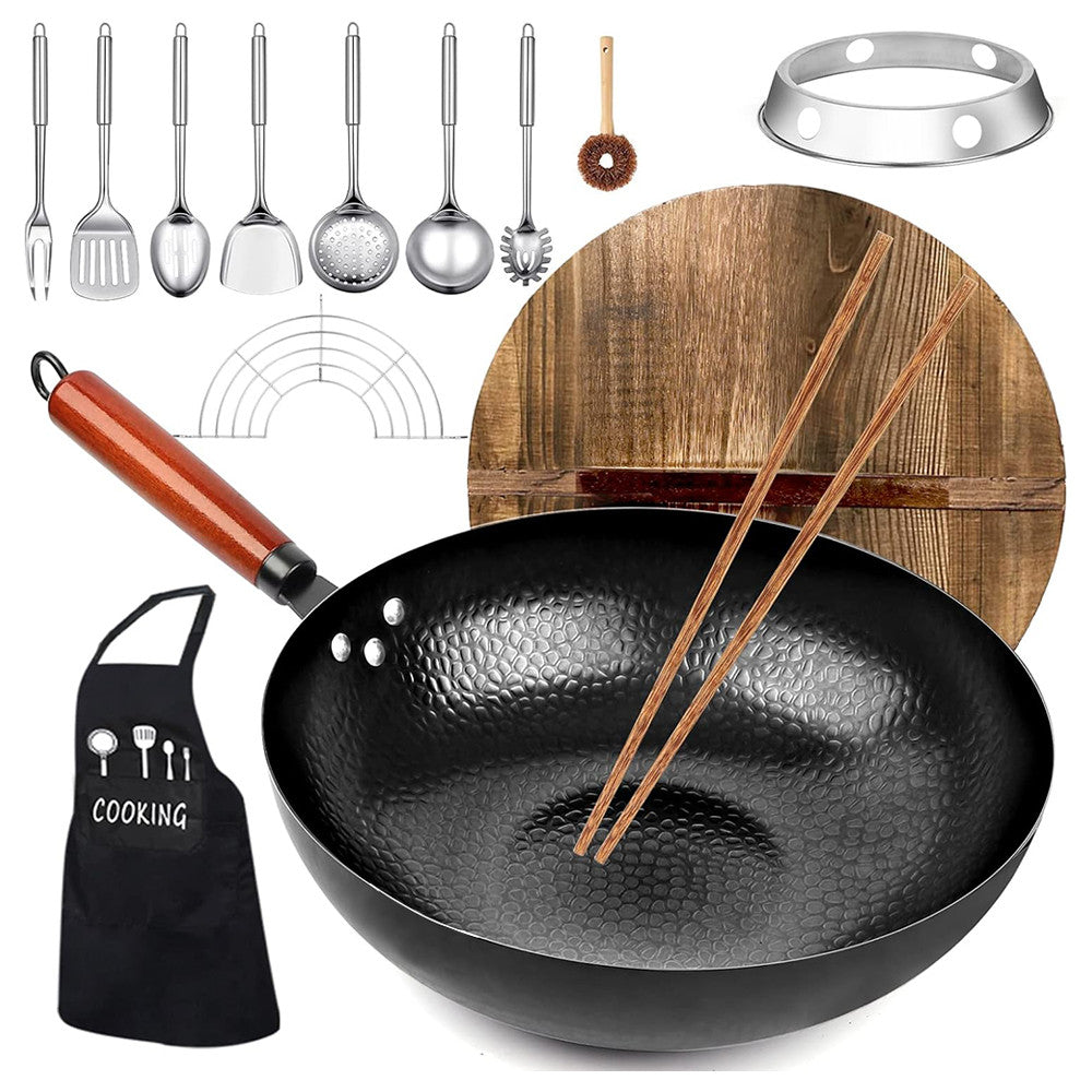 Wok 32 cm z uhlíkovej ocele – kompletná ázijská kuchynská súprava s doplnkami