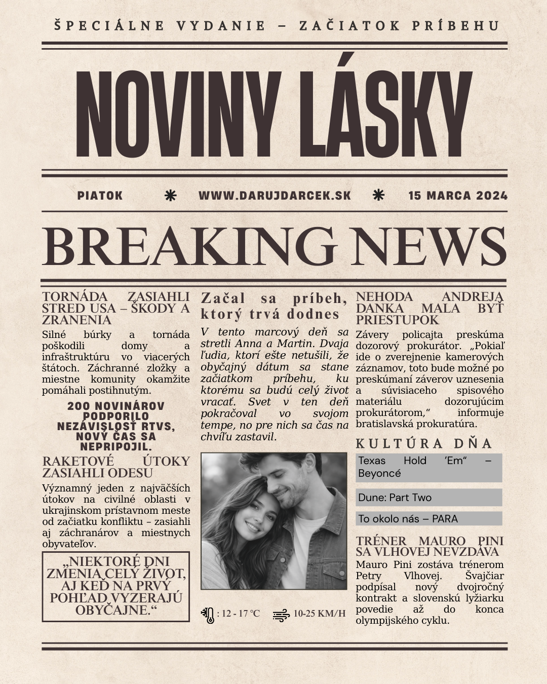Noviny lásky – personalizované noviny z výnimočného dňa